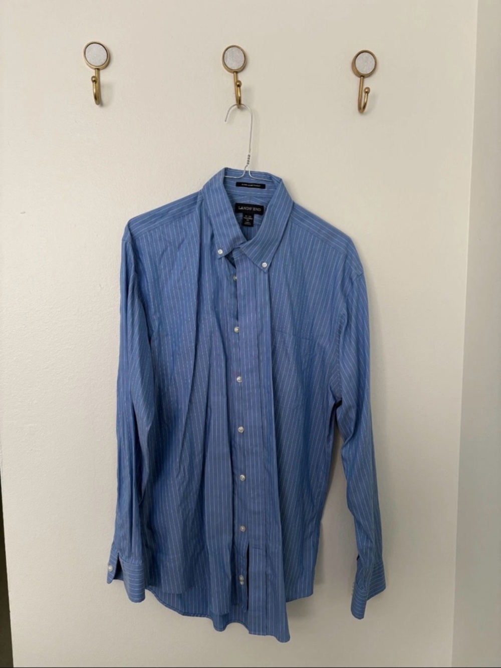 Lands' End Supima No Iron Tailored Fit Button Down Dress Shirt White Pinstripe